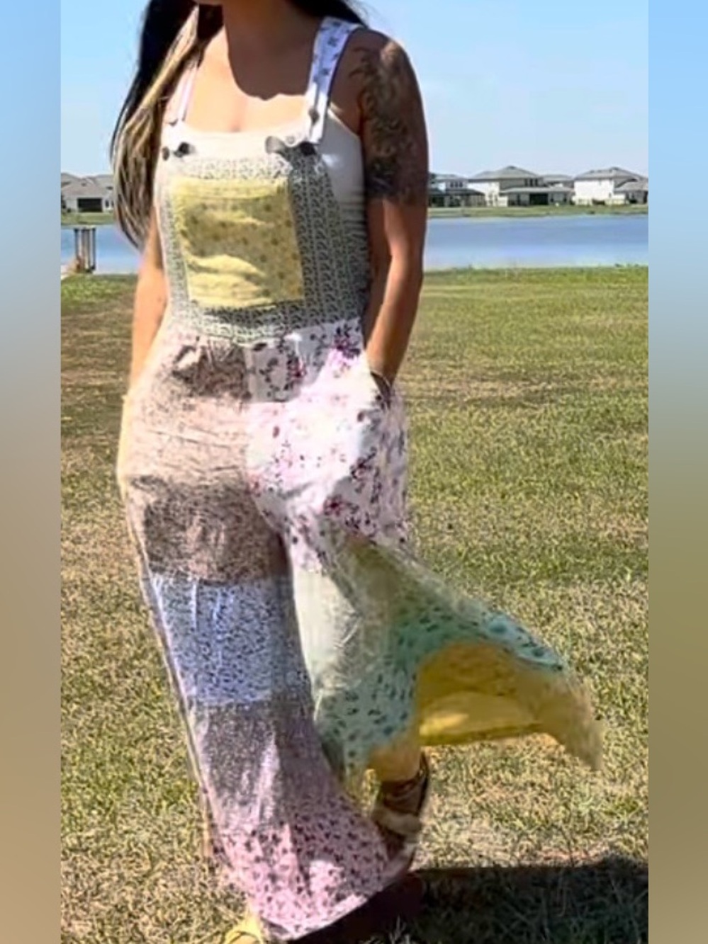 NWT Blue Sky Patchwork Wide-Leg Jumpsuit in Pastel Mix